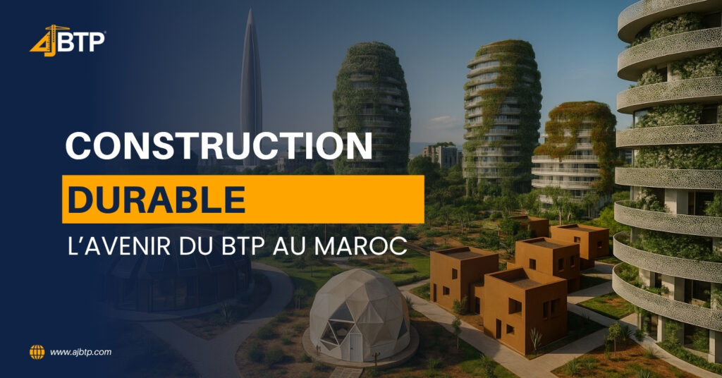 Vue d’ensemble d’un écoquartier moderne au Maroc, incluant la tour Mohammed VI à Rabat, des dômes géodésiques et les bâtiments végétalisés d’Anfa Park à Casablanca, symboles de l’architecture durable et de l’avenir du BTP au Maroc.