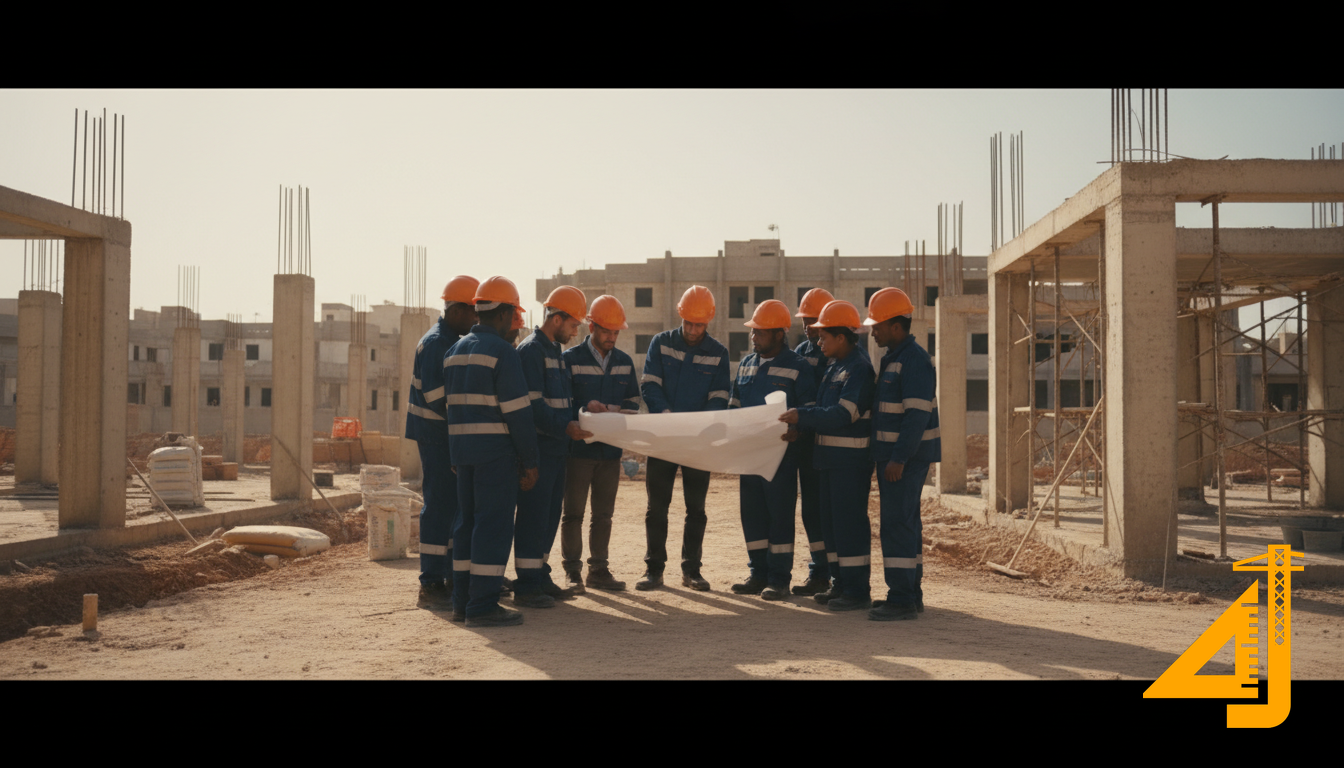 Stagiaires en formation BTP Maroc devant un plan d'exécution sur chantier à Casablanca