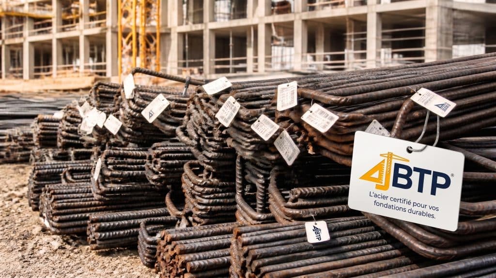 Aciers HA façonnés et repérés sur le parc à ferraille d'un chantier de bâtiment